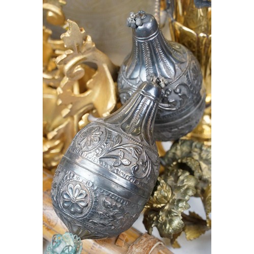 358 - Pair of gilt metal curtain tie backs, modelled as branches of flowers and leaves, each 25cm long, an... 