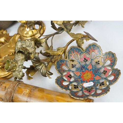 358 - Pair of gilt metal curtain tie backs, modelled as branches of flowers and leaves, each 25cm long, an... 