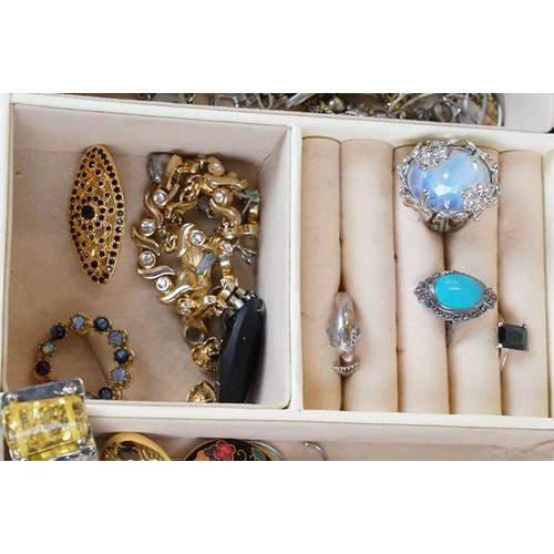 354 - Jewellery box containing rings, cloisonne brooch, gilt necklace, watches and silver