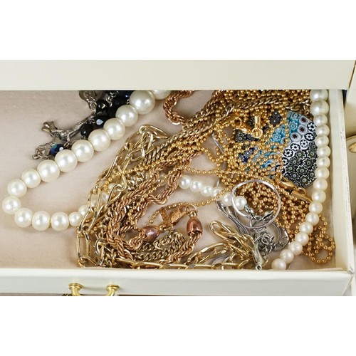 354 - Jewellery box containing rings, cloisonne brooch, gilt necklace, watches and silver