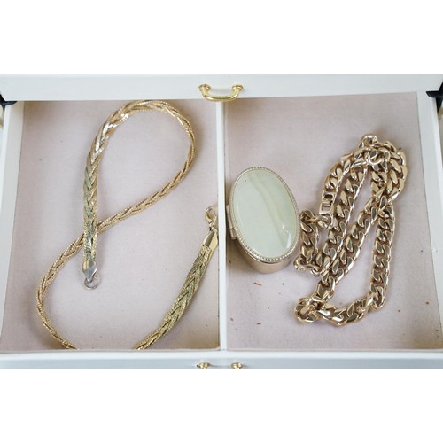 354 - Jewellery box containing rings, cloisonne brooch, gilt necklace, watches and silver