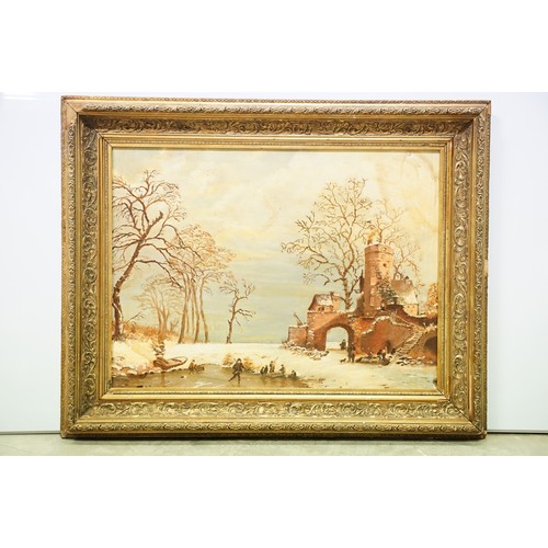 65 - Gilt framed oil on canvas winter scene with figures skating, 35 x 48cm together with oil on board in... 