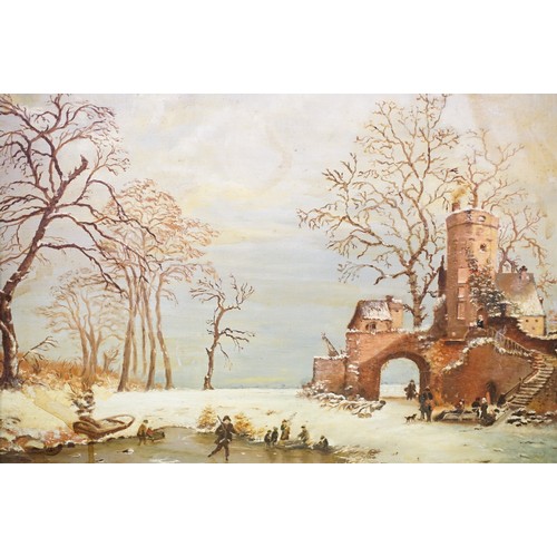 65 - Gilt framed oil on canvas winter scene with figures skating, 35 x 48cm together with oil on board in... 