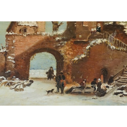 65 - Gilt framed oil on canvas winter scene with figures skating, 35 x 48cm together with oil on board in... 