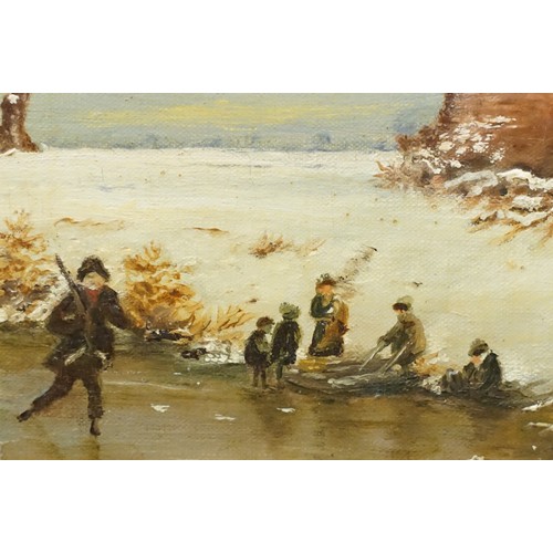 65 - Gilt framed oil on canvas winter scene with figures skating, 35 x 48cm together with oil on board in... 