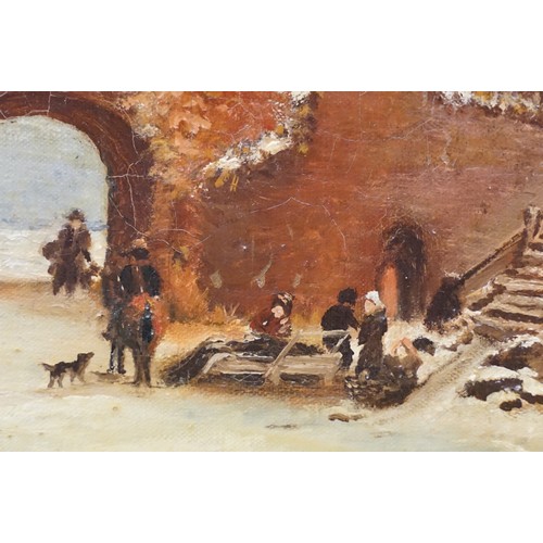 65 - Gilt framed oil on canvas winter scene with figures skating, 35 x 48cm together with oil on board in... 