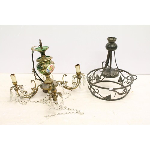 187 - Continental brass four branch electrolier, the green glass body decorated in gold, with oval porcela... 