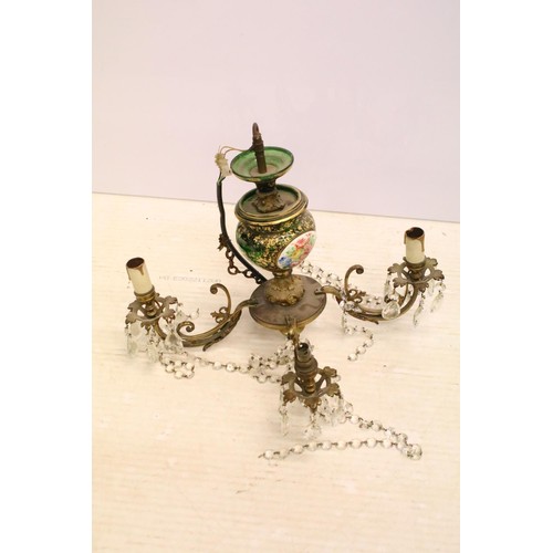 187 - Continental brass four branch electrolier, the green glass body decorated in gold, with oval porcela... 