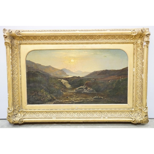 10 - Scottish school, stream scene with loch beyond, oil on canvas, 37 x 67cm, gilt framed