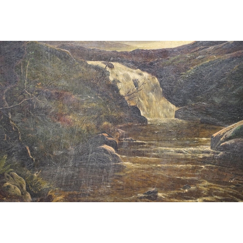 10 - Scottish school, stream scene with loch beyond, oil on canvas, 37 x 67cm, gilt framed