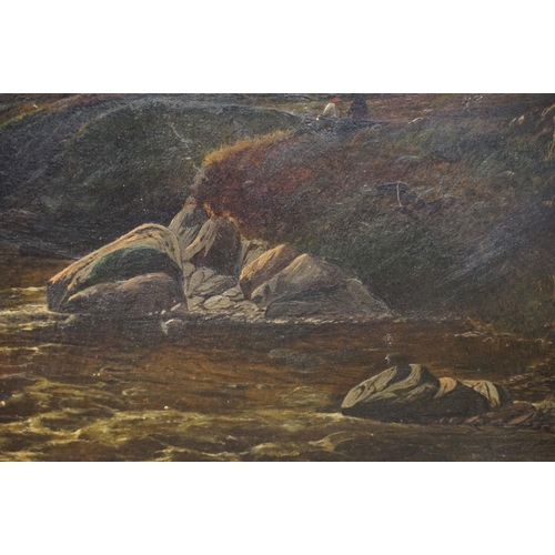 10 - Scottish school, stream scene with loch beyond, oil on canvas, 37 x 67cm, gilt framed