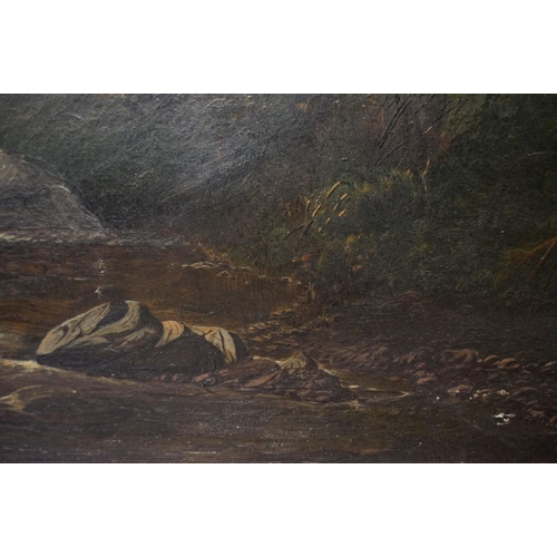 10 - Scottish school, stream scene with loch beyond, oil on canvas, 37 x 67cm, gilt framed