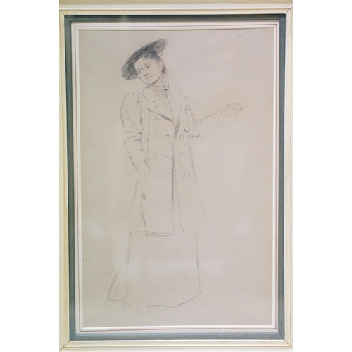 212 - William J Urquhart, a young woman in walking costume, pencil, indistinctly signed lower right, label... 