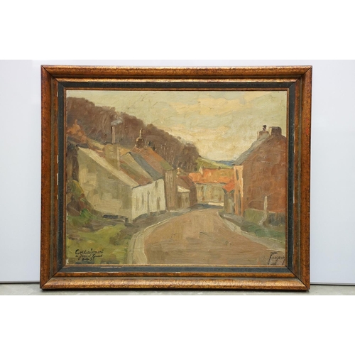 26 - Mid century French oil painting on canvas of a village street scene, signed lower right Eugene ??, m... 