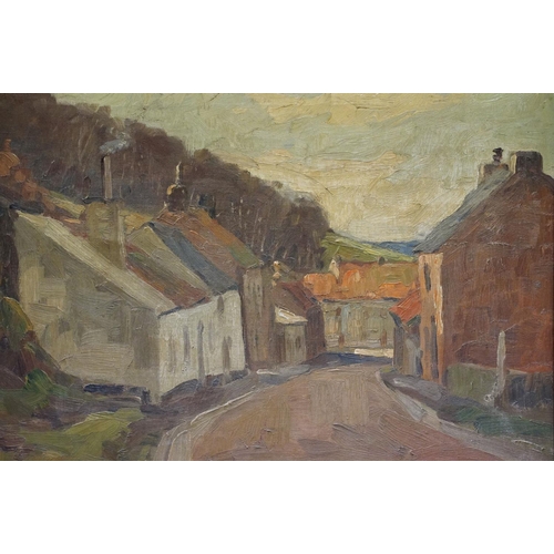 26 - Mid century French oil painting on canvas of a village street scene, signed lower right Eugene ??, m... 