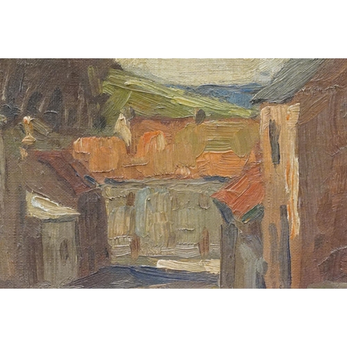 26 - Mid century French oil painting on canvas of a village street scene, signed lower right Eugene ??, m... 