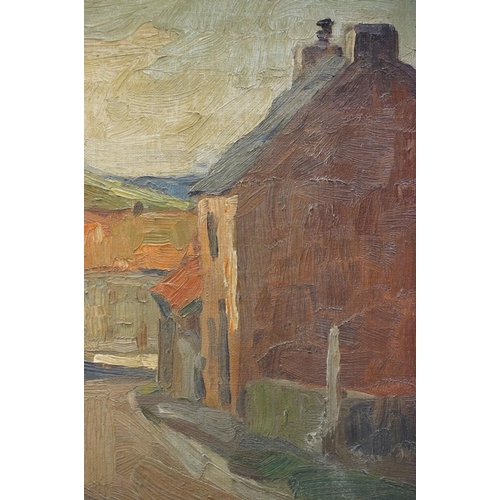 26 - Mid century French oil painting on canvas of a village street scene, signed lower right Eugene ??, m... 