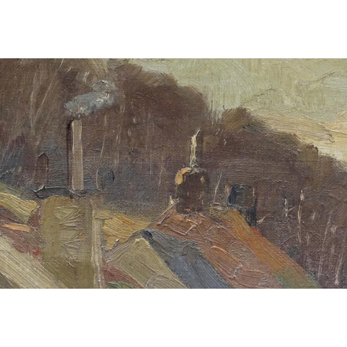 26 - Mid century French oil painting on canvas of a village street scene, signed lower right Eugene ??, m... 