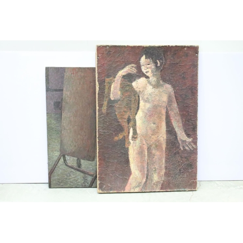 58 - Impressionist school, nude seated before a mirror, oil on canvas, double sided with reclining nude v... 