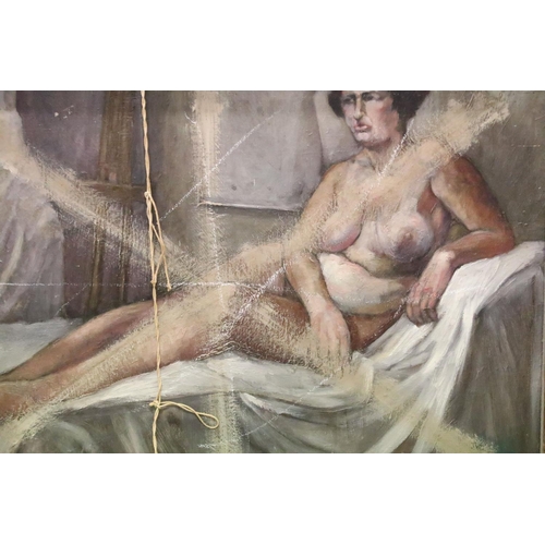 58 - Impressionist school, nude seated before a mirror, oil on canvas, double sided with reclining nude v... 