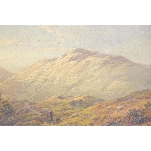 8 - Scottish school, extensive landscape with a figure and a dog, oil on canvas, signed lower left A, de... 