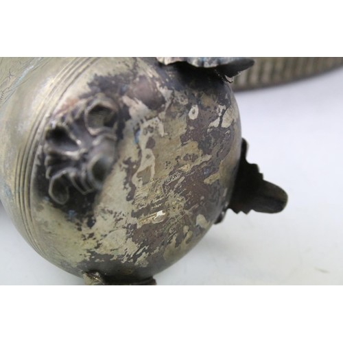 456 - Collection of 20th Century metal wares to include a large bell, trivet, kettle, silver plated tea wa... 