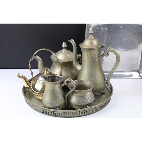 456 - Collection of 20th Century metal wares to include a large bell, trivet, kettle, silver plated tea wa... 