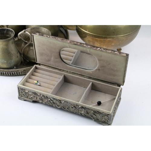 456 - Collection of 20th Century metal wares to include a large bell, trivet, kettle, silver plated tea wa... 