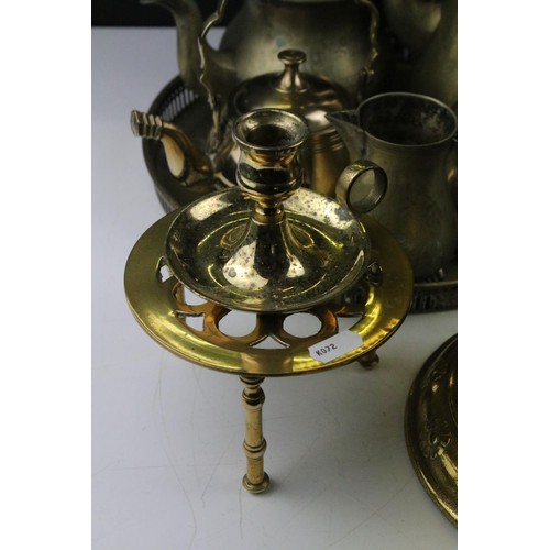 456 - Collection of 20th Century metal wares to include a large bell, trivet, kettle, silver plated tea wa... 