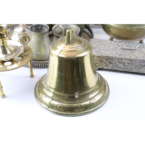456 - Collection of 20th Century metal wares to include a large bell, trivet, kettle, silver plated tea wa... 
