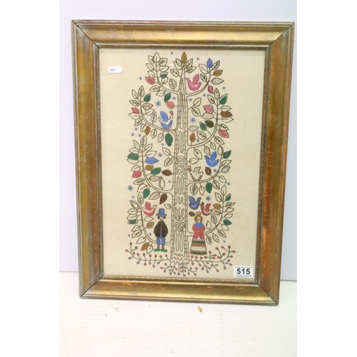 515 - Tree of life needlework embroidery, with figures and birds amongst the branches, 44 x 30cm