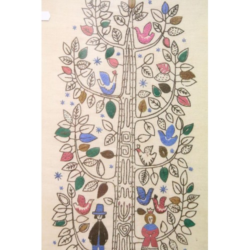 515 - Tree of life needlework embroidery, with figures and birds amongst the branches, 44 x 30cm