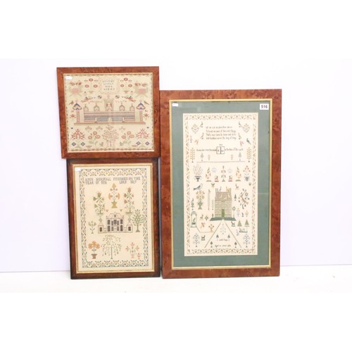 516 - Three samplers, comprising: Azubah Scott Work 1843, Solomons Temple, 32 x 26cm, Ann Horsfall Finishe... 