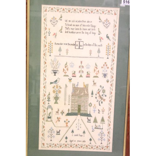 516 - Three samplers, comprising: Azubah Scott Work 1843, Solomons Temple, 32 x 26cm, Ann Horsfall Finishe... 