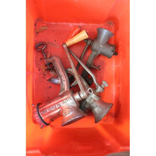 457 - Collection of vintage kitchenalia meat grinders including Spong and Harper.