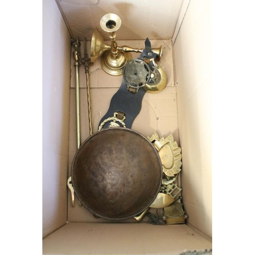 460 - Collection of assorted brass and metal wares to include brass telescope, a copper helmet form coal s... 