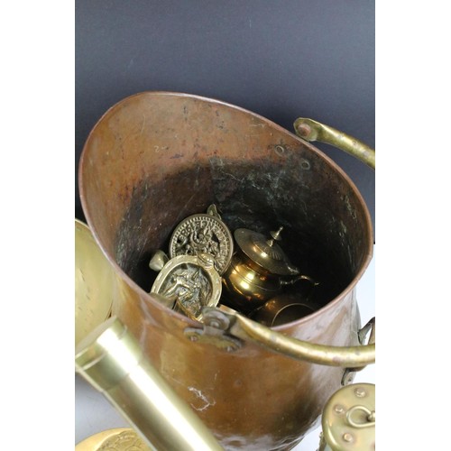 460 - Collection of assorted brass and metal wares to include brass telescope, a copper helmet form coal s... 