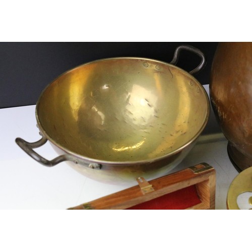 460 - Collection of assorted brass and metal wares to include brass telescope, a copper helmet form coal s... 