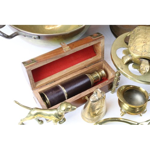 460 - Collection of assorted brass and metal wares to include brass telescope, a copper helmet form coal s... 