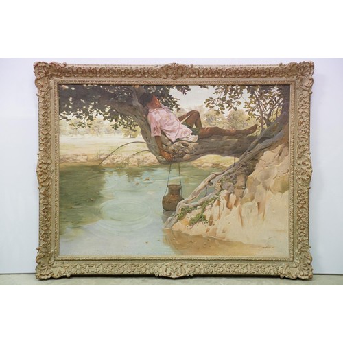 122 - Eastern School, boy fishing and sleeping in a hammock, oil on canvas, indisticntly signed lower righ... 