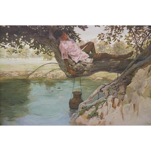 122 - Eastern School, boy fishing and sleeping in a hammock, oil on canvas, indisticntly signed lower righ... 