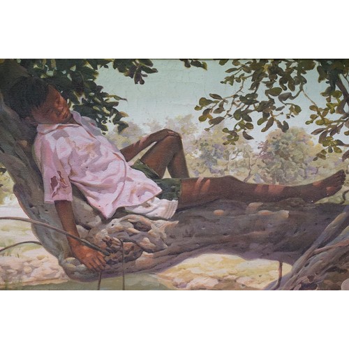 122 - Eastern School, boy fishing and sleeping in a hammock, oil on canvas, indisticntly signed lower righ... 