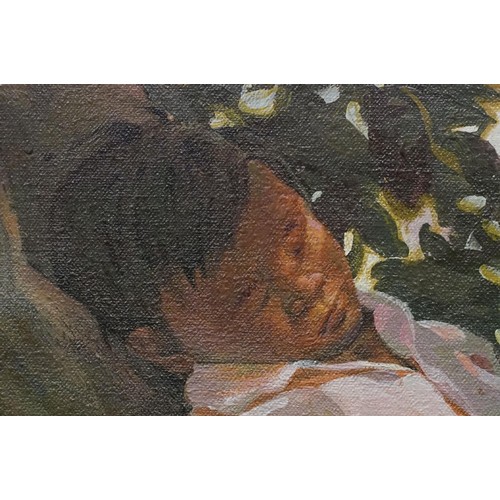 122 - Eastern School, boy fishing and sleeping in a hammock, oil on canvas, indisticntly signed lower righ... 