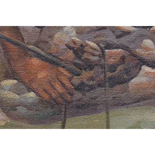 122 - Eastern School, boy fishing and sleeping in a hammock, oil on canvas, indisticntly signed lower righ... 