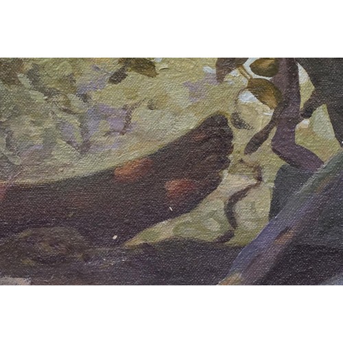 122 - Eastern School, boy fishing and sleeping in a hammock, oil on canvas, indisticntly signed lower righ... 