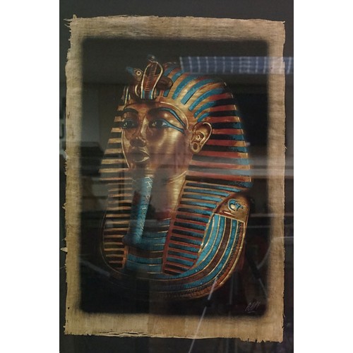 133 - Egyptian School, Mask of Tutankhamun, painted on papyrus, indistinctly signed lower right, Osiris Pa... 