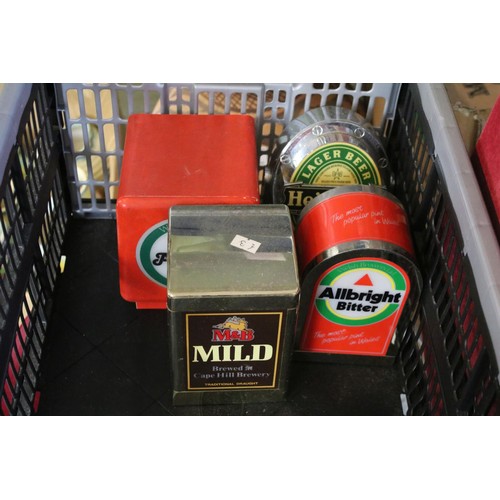 461 - Collection of breweriana beer pump covers to include Budweiser, Woodpecker cider, Dry Blackthorn, Ho... 