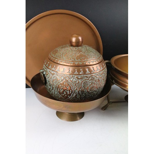 464 - Collection of assorted copper wares to include a Persian copper ewer, twon handled pot with repousse... 