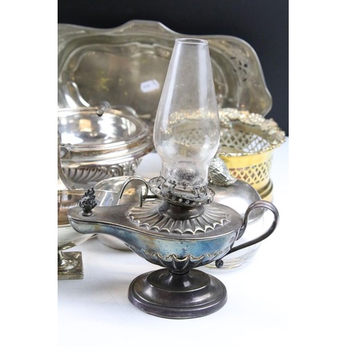 465 - Collection of silver plated to include champagne bucket, muffin warmer, wine coaster, oil lamp, gond... 