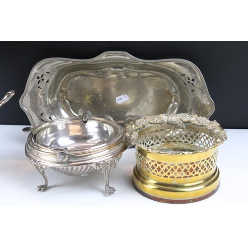 465 - Collection of silver plated to include champagne bucket, muffin warmer, wine coaster, oil lamp, gond... 